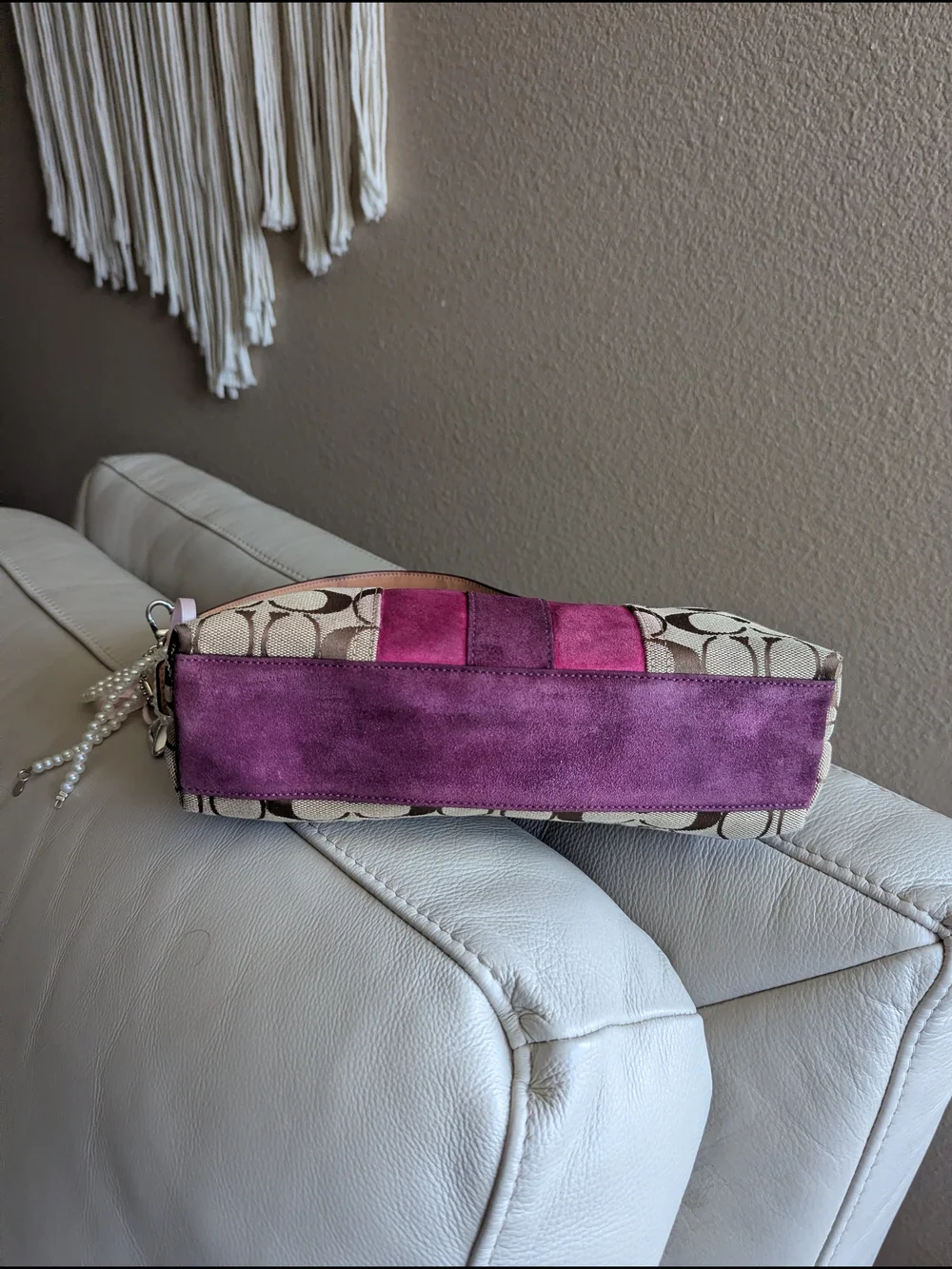 vintage Coach Signature Striped Suede Demi Baguette